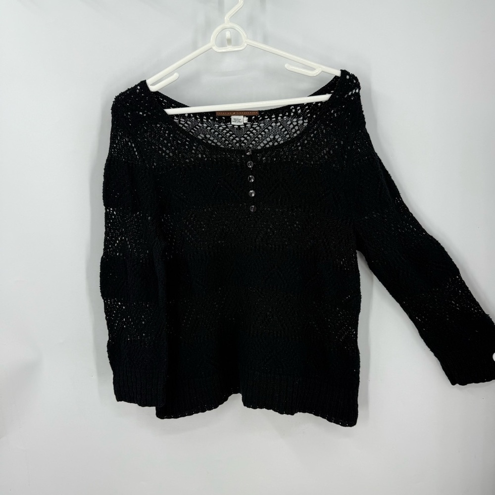 Peruvian connection 100% Pima cotton crocheted open knit black sweater L